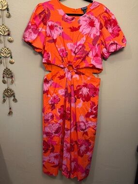 Scoop Pink Orange Bold Floral Cutout Midi Pocket Dress Lined Womens Size 16/18